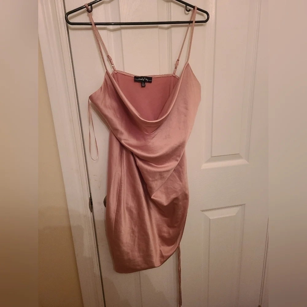 Lovely Day Ruched Drawstring Cowl Neck Dress Satin Adjustable Straps Baby  Pink - Picture 2 of 5